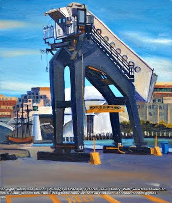 plein air oil painting of the demolition of the Cruise Ship Terminal at the East Darling Harbour Wharves by industrial heritage artist Jane Bennett